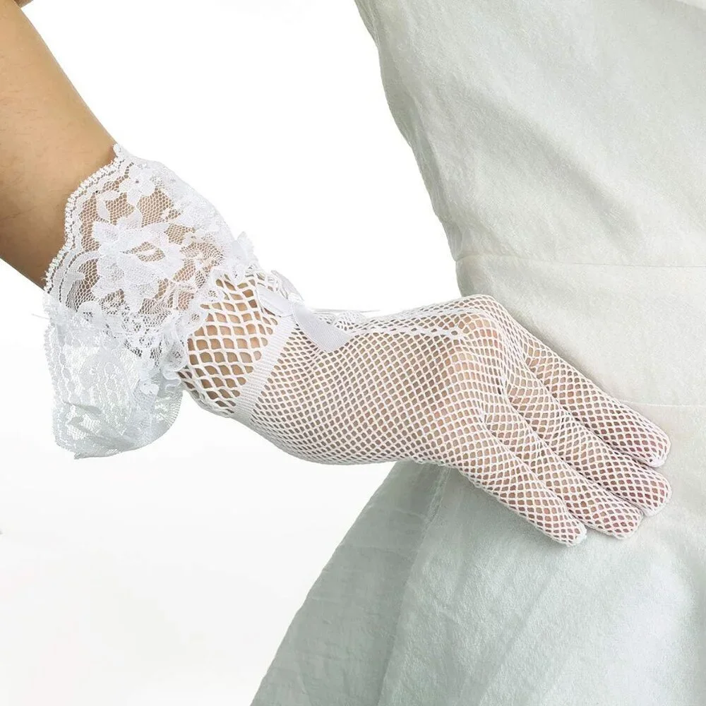 Women's B-White Bow Lace Elegant Wrist Gloves Ruffle Bridal Wedding Party Prom